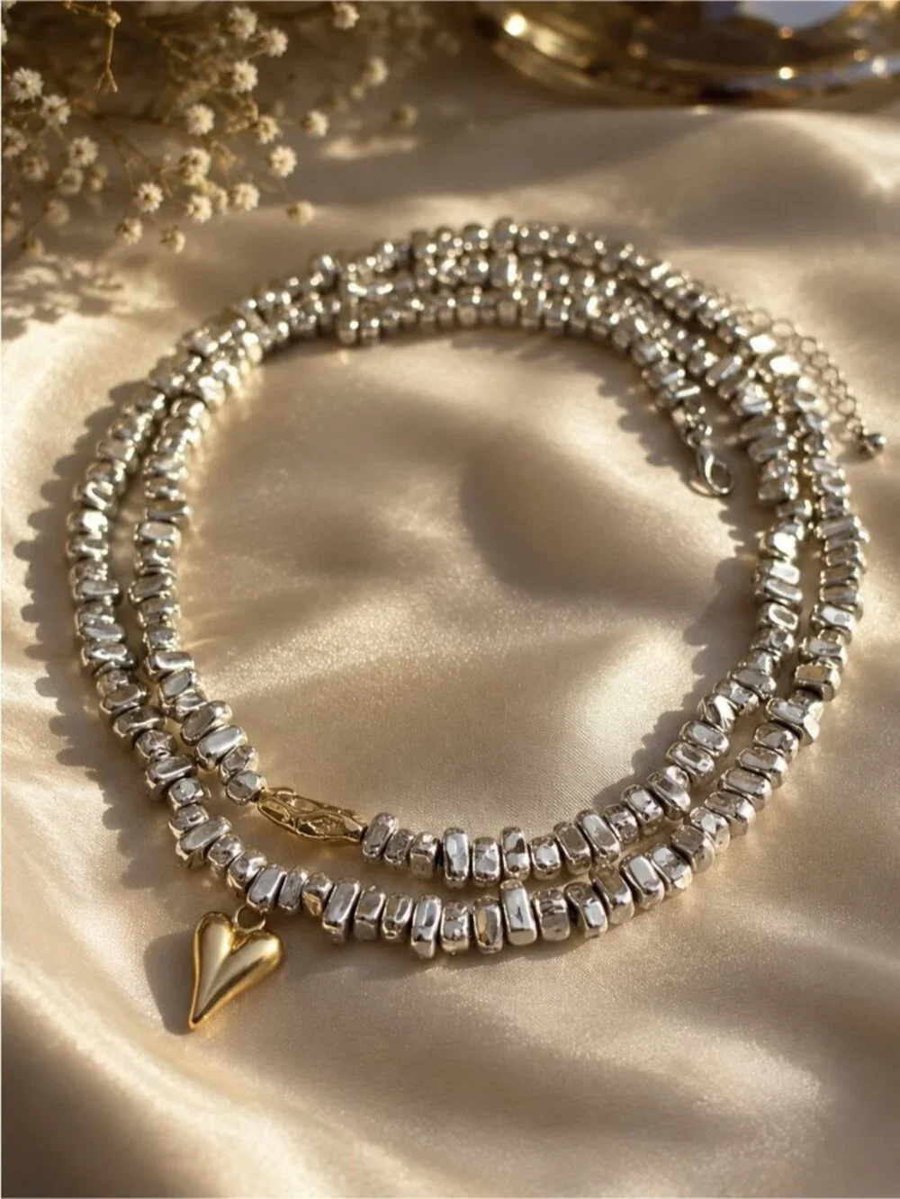 Two-Strand Irregular CCB Beads Necklace/Vintage gold tone Heart Pendant